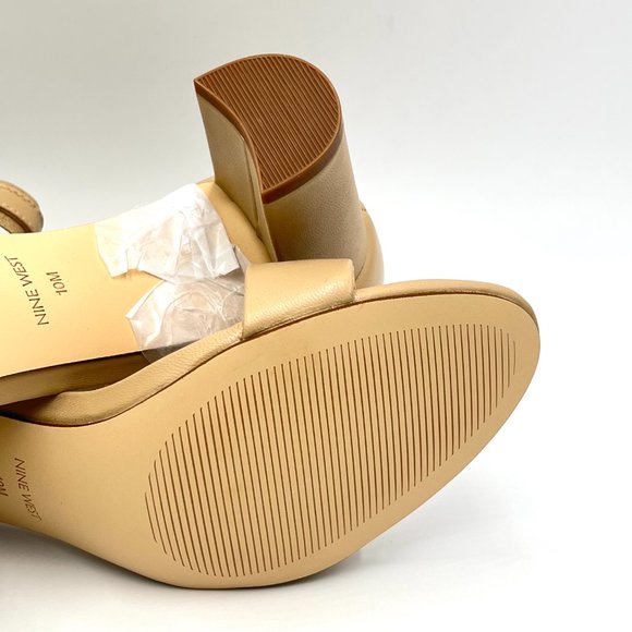 Nine West Womens Pruce Natural Nude Beige Tan Leather Block Heels Sandals Shoes - Picture 12 of 14